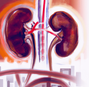 Deze afbeelding toont de nieren, organen die een belangrijke rol spelen bij het filteren van afvalstoffen uit het bloed. Bij mensen met diabetes en glucosurie kunnen de nieren worden aangetast, wat van invloed kan zijn op de rijgeschiktheid en de rijbewijskeuring